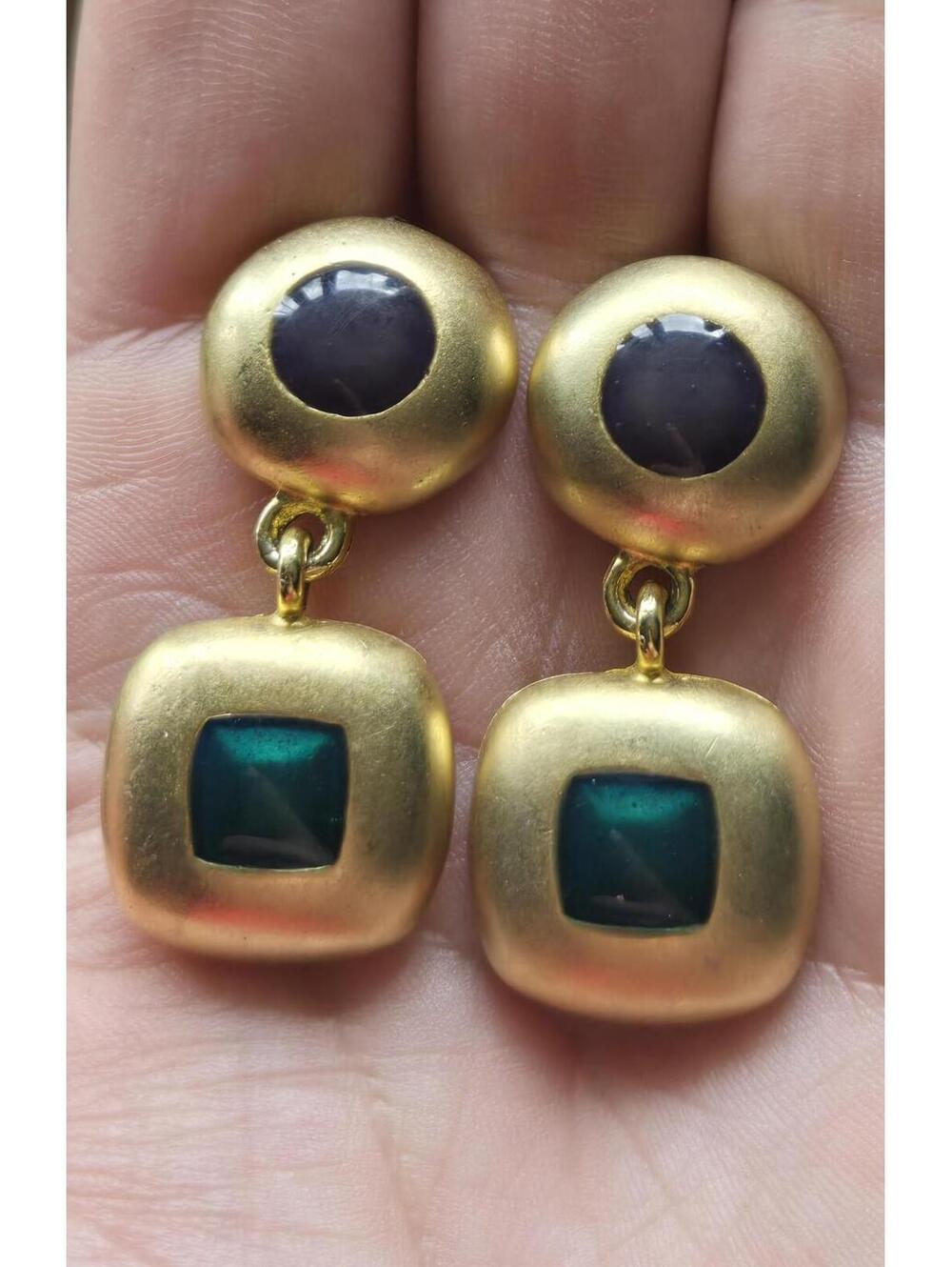 Vintage Matte Gold Tone Geometric Drop Earrings Purple Teal Cabochon Statement